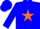 Blue body, orange star, blue arms, blue cap