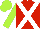 Red, white cross belts, lime green sleeves, lime green cap
