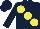 Dark blue, large yellow spots, dark blue sleeves, dark blue cap