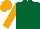 Dark green, orange sleeves and cap