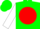 Green, red ball, white sleeves, green cap