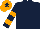 Dark blue, dark blue & orange hooped sleeves, orange cap, dark blue star