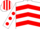 White, red chevrons, white sleeves, red spots, striped cap