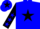 Blue, black star, black sleeves, blue stars, blue cap, black star