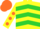 Yellow, lime chevrons, orange dots on sleeves, orange cap