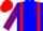 Blue body, red braces, red arms, blue striped, red cap, blue striped