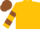 Gold,  brown circled 'b', brown bars on sleeves, gold and brown cap