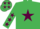 Emerald green, maroon star, emerald green sleeves, maroon stars, emerald green cap, maroon stars