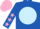 Royal blue, light blue ball, pink 'mjd', pink stars on sleeves, pink cap