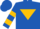 Royal blue, gold inverted triangle with 'bjc', gold hoops on sleeves, royal blue cap