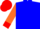 Blue, orange 'as' ,red cuffs on orange sleeves, red cap
