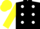 Black, white spots, yellow sleeves and cap, black peak