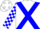 White, blue cross belts, white, blue checked sleeves, white, blue spots cap