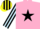 Pink, black star, black and light blue striped sleeves, black and yellow striped cap