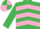 Emerald green, pink chevrons, emerald green sleeves, quartered cap