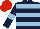 Dark blue, light blue hoops and armlets, red cap