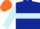 Dark blue body, light blue hoop, light blue arms, orange cap