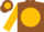 Brown, brown 'dm' on gold ball, gold sleeves