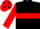 Black, red hoop and sleeves, red cap, black spots