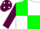 green and white quartered, maroon sleeves, maroon cap, white spots
