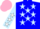 blue, light blue stars, light blue sleeves, white stars, pink cap