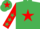 emerald green, red star, red sleeves, emerald green stars, emerald green cap, red star