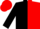 Black and red halved, black sleeves, red cap, black peak