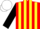 Red and yellow stripes, black sleeves, white cap