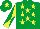 Emerald green, yellow stars, yellow and emerald green diabolo on sleeves, emerald green cap, yellow star