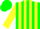 Green, blue and yellow braces, white cresent moon, green, blue and yellow stripes on slvs, green cap