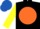 Black, orange ball, yellow sleeves, royal blue cap
