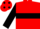 red, black hoop, black sleeves, red cap, black spots