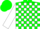 Green, white circled emblem, white blocks on sleeves, green cap