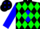 Black, green 'r' on blue diamond, green diamonds on blue sleeves