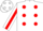 White, red 'kj', red polka dots, red stripe sleeves