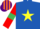 Royal blue, yellow star, red sleeves, emerald green armlets, orange and purple striped cap