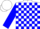 White, blue sashes, blue blocks on sleeves, white cap