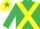 Emerald green, yellow cross sashes, yellow cap, emerald green star
