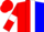 Red and blue halved, white stripe, red armlets on white sleeves, red cap