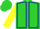 lime green with dark blue seams, yellow sleeves, lime green cap with yellow peak