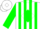 White, green 'ra' front and back, green panels, cuffs and collar,  green diamond on sleeves,
