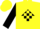 Yellow, black diamond framed 'gs' on black & yellow checkered flag, yellow blocks on black slvs, yellow cap
