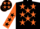 Black, dayglo orange stars and sleeves, black stars, black cap, dayglo orange stars