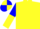 Yellow, blue crossed sashes, blue and yellow halved sleeves, quartered cap