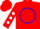 Red, white 't' in blue circle, blue and white diamonds on sleeves