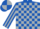 Royal blue and silver check,striped sleeves,royal blue collar and cuffs,quartered cap,royal blue peak