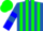 Royal blue and neon green stripes, green sleeves, blue hoop and cuffs, green cap, blue visor