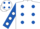 White, royal blue spots, royal blue sleeves, white spots, white cap, royal blue spots