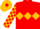 Red, gold diamond hoop, checked sleeves, gold cap, red diamond