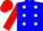 Blue, white spots, red sleeves and cap